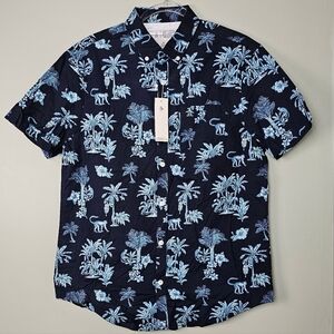 Original Penguin Men Tropical Shirt Blue Monkey Tree Button Down Short Sleeve, M